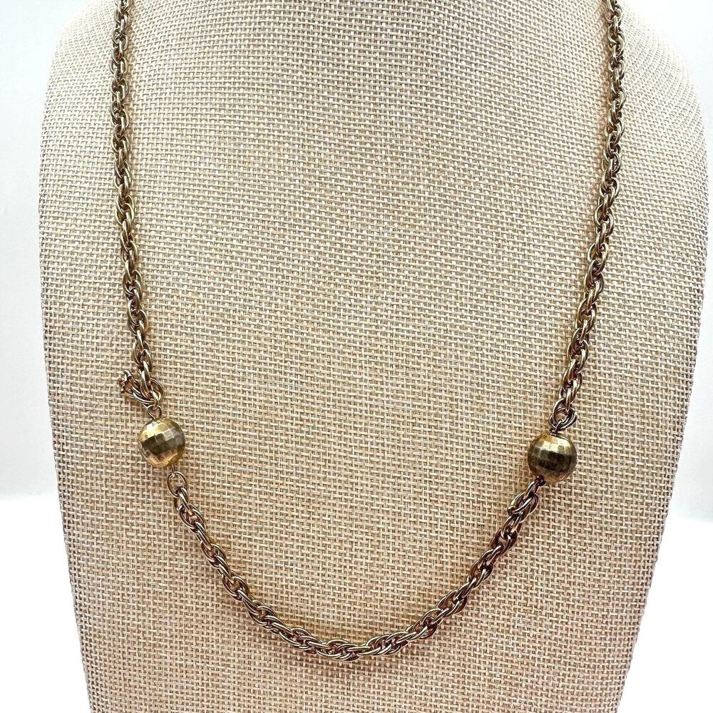 Vintage 80s Gold Tone Ball Bead Station Necklace Rope Chain Statement Jewelry